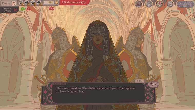 A Sovereign Tower dialogue scene rendered in the game's illuminated-manuscript art style