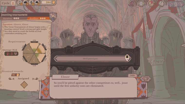 A Sovereign Tower story scene showing the game's hand-drawn character art